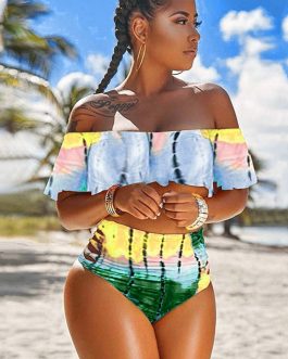 Off Shoulder Ruffled Printed Swimwear