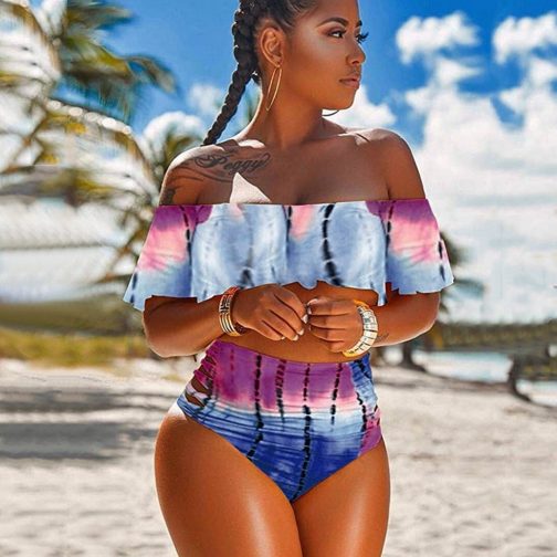 Off Shoulder Ruffled Printed Swimwear