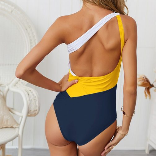 Patchwork One Shoulder Swimsuit - Image 3