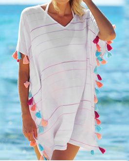 Perspective Stripe Multi-color Tassels Cover Up