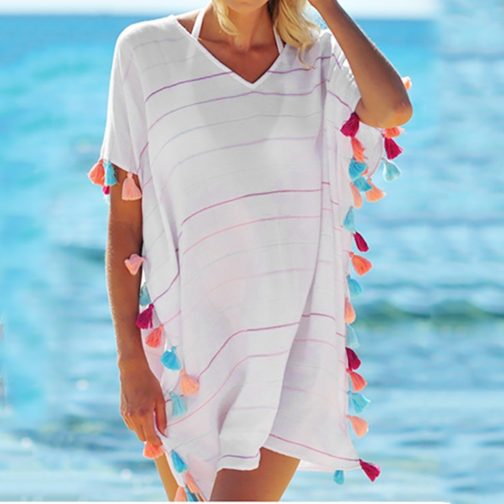 Perspective Stripe Multi-color Tassels Cover Up