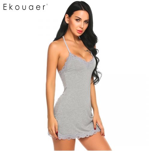 Backless Lace Trim Slim V Neck Night Dress