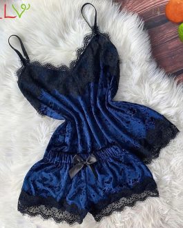 Velvet Bow Sleepwear Sleeveless Strap Nightwear Set