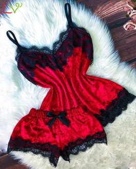 Velvet Bow Sleepwear Sleeveless Strap Nightwear Set