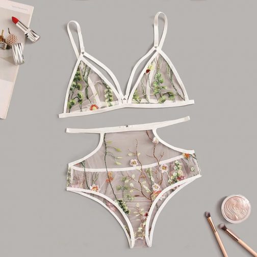 Embroidered Floral Transparent Bra And Pantie Set