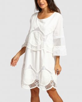 White Lace Embroidery Hollow-out Beach Dress