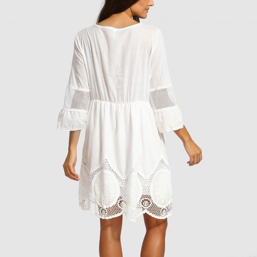 White Lace Embroidery Hollow-out Beach Dress - Image 3