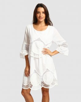 White Lace Embroidery Hollow-out Beach Dress