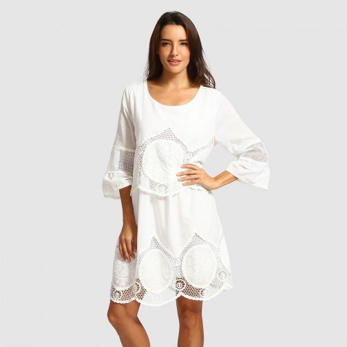 White Lace Embroidery Hollow-out Beach Dress