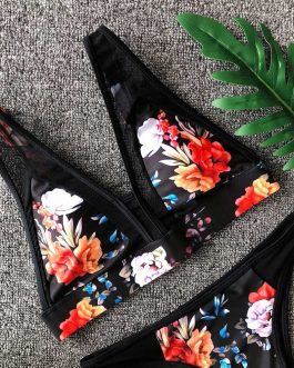 Floral Pattern Mesh Bikini Set
