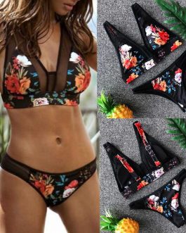 Floral Pattern Mesh Bikini Set