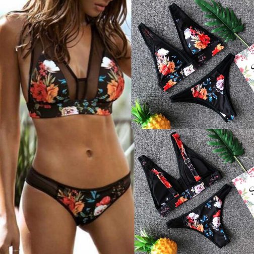 Floral Pattern Mesh Bikini Set