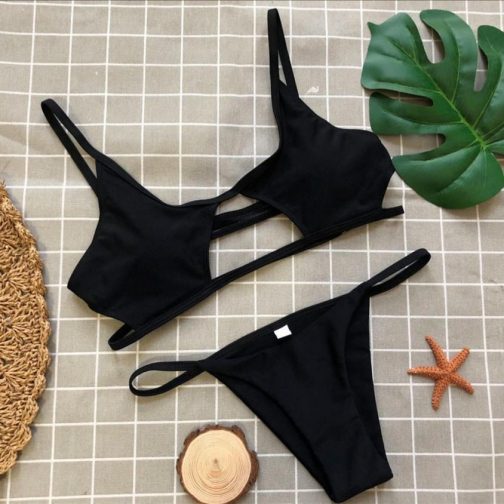 Solid Bandage Hollow Out Bikini - Image 3